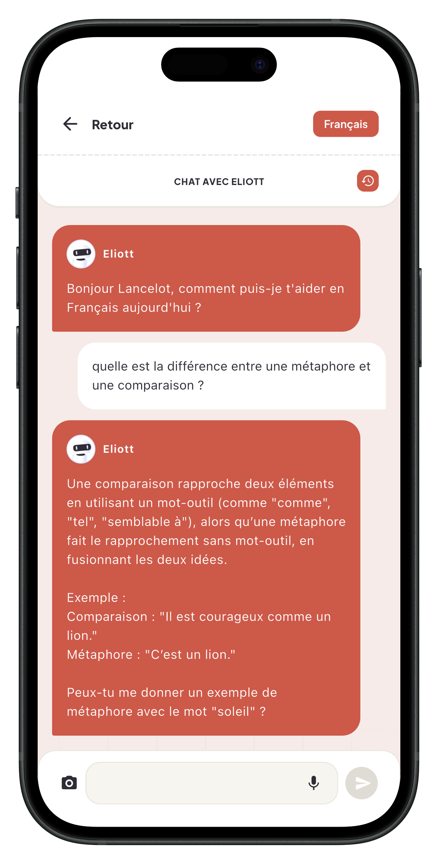 Exemple de conversation avec Eliott : un élève pose une question de français sur la différence entre métaphore et comparaison